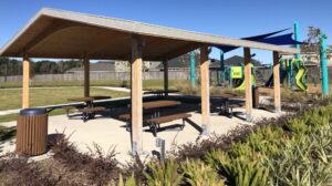 covered pavilion seating area providing relief from the heat