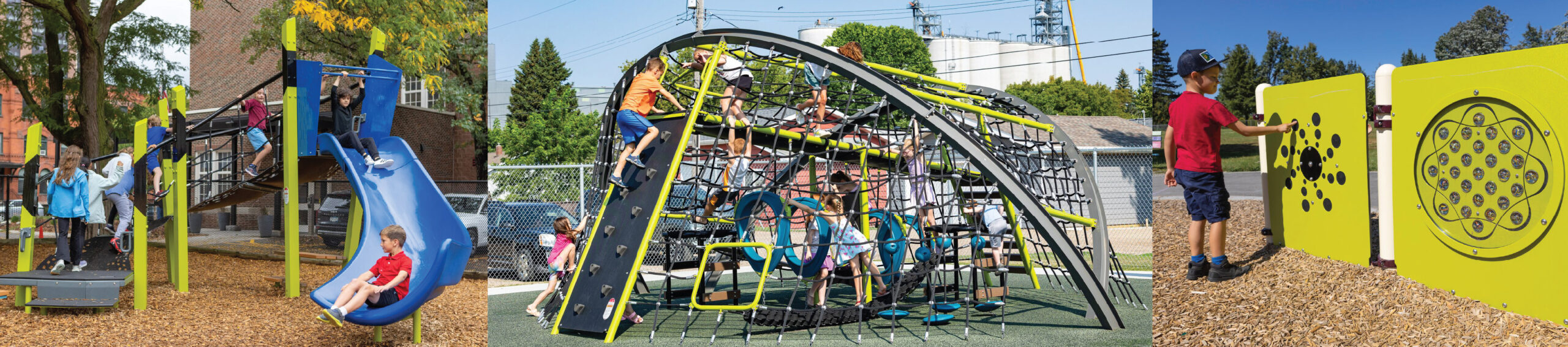 school playground equipment featuring a slide, net climbing structure, and sensory panels