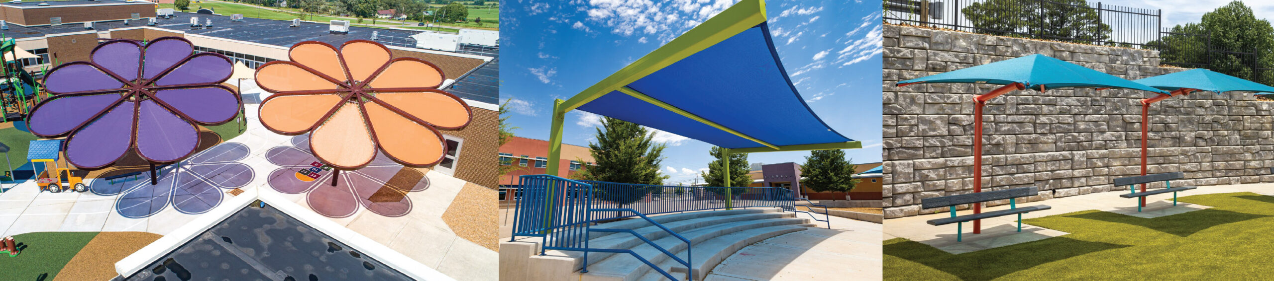 Various shade structures over a school playground, amphitheater, and benches