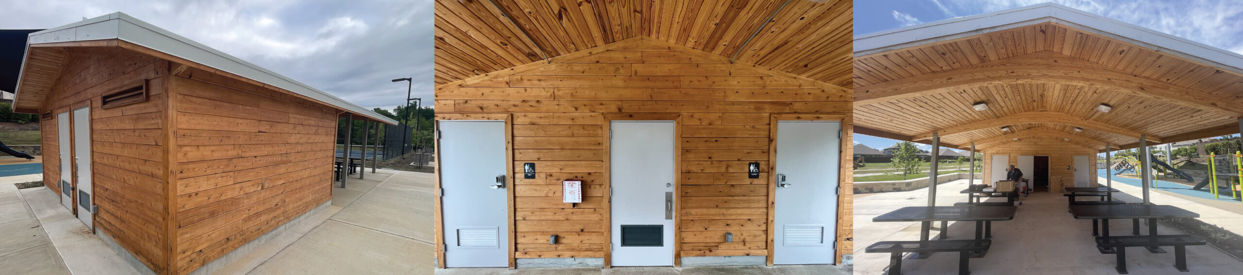 a wood beam pavilion with restrooms and seating